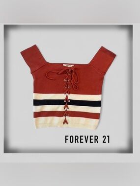 Forever 21 Red and White Lace-Up Crop Top